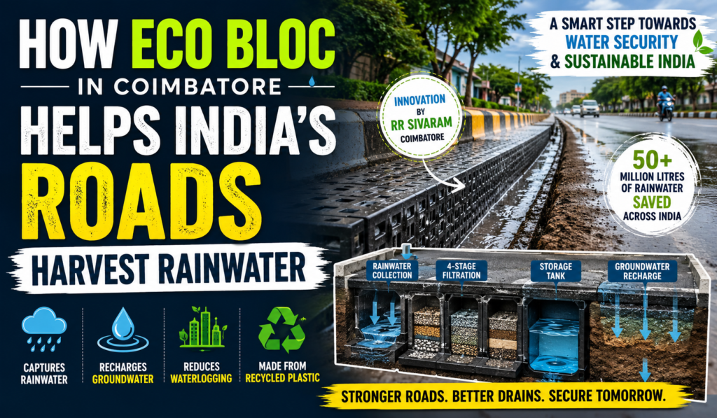 Cover image for सड़कों से बहेगा नहीं, ज़मीन में जाएगा पानी! कोयंबटूर की Eco Bloc तकनीक बदल रही है भारत में वर्षा जल संरक्षण की तस्वीर