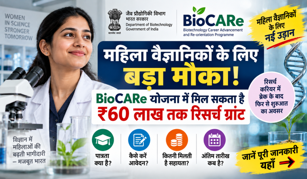 Cover image for महिला वैज्ञानिकों के लिए बड़ा मौका, BioCARe योजना में मिल सकता है ₹60 लाख तक रिसर्च ग्रांट