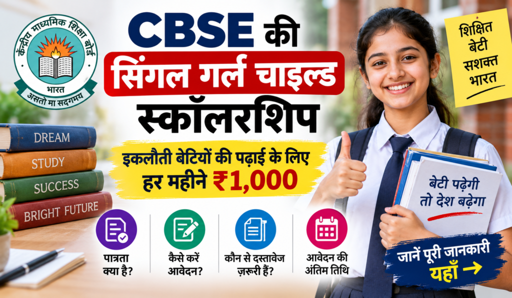 Cover image for CBSE की सिंगल गर्ल चाइल्ड स्कॉलरशिप: बेटियों की पढ़ाई के लिए हर महीने ₹1,000, जानें पात्रता और आवेदन प्रक्रिया